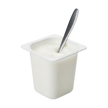 A small cup of yogurt with a spoon in it isolated on transparent background