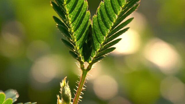 Mimosa pudica plant leaves folding in golden sunlight