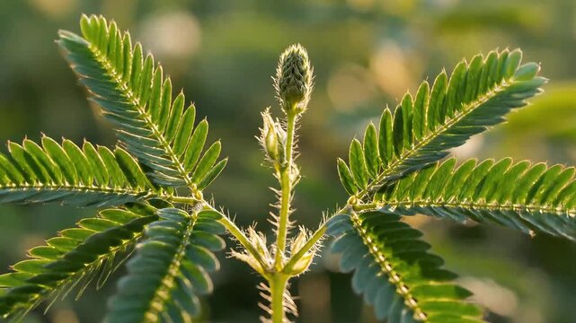 Close Up of Mimosa Pudica Sensitive Plant Leaves in Sunlight