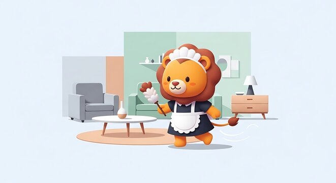 A cartoon lion wearing a maid outfit and holding a feather duster is depicted in a stylized living room