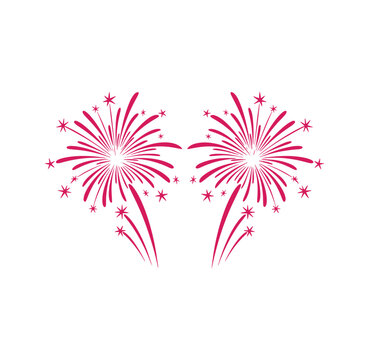 Pink firework explosions with stars on white background for celebration decoration