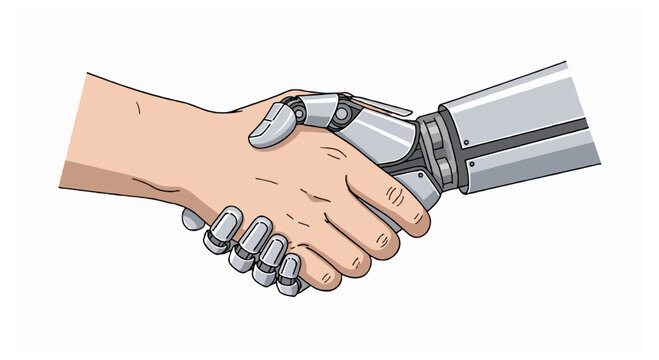 A human hand and a robotic hand with mechanical joints perform a handshake against a solid white background in this illustration.