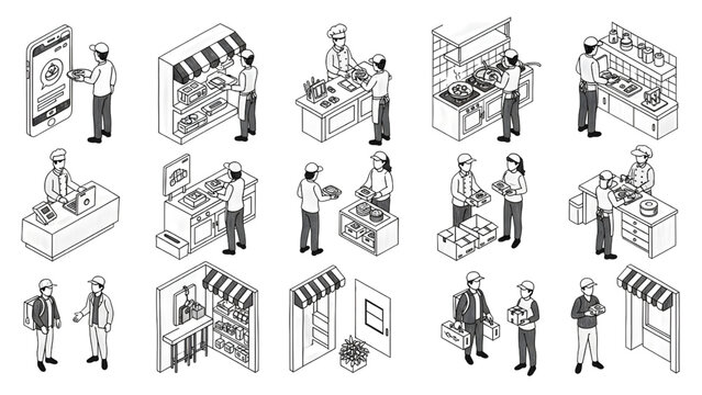 Isometric Brush Pen Hand Drawn Food Delivery System Vector Set, Ordering, Cooking, Courier Delivery Workflow, Expressive Ink Stroke Style, Human Activity, White Background