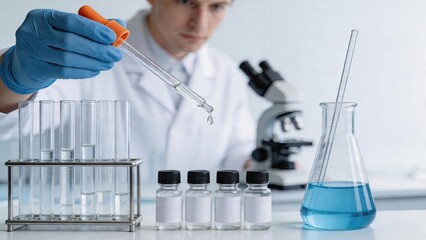 Fototapeta premium Male scientist in white coat using pipette to drop liquid into test tube rack with microscope and blue solution in flask for medical research and drug innovation concepthealthcare