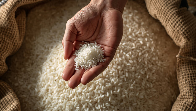 山積みの米を手に取って品質を確かめる穀物の記録写真