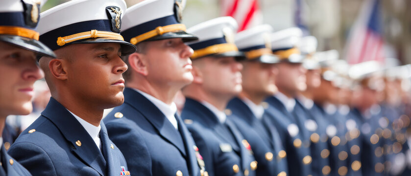 Patriotic military parade, uniformed soldier, memorial day honor, service duty pride, american flag background