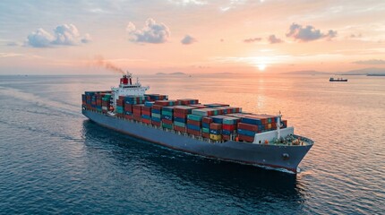 A large container ship sailing on the ocean at sunset, carrying numerous cargo containers under a beautiful sky. © Eggie