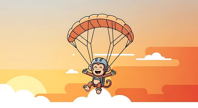 A cartoon primate wearing a helmet and a parachute enjoys a high-altitude jump against an orange sunset. Clouds dot the background