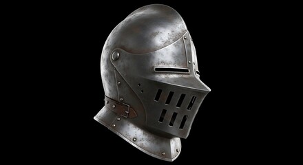 Fototapeta premium Rendered side view of a weathered metal medieval helmet, with rivets and a visor