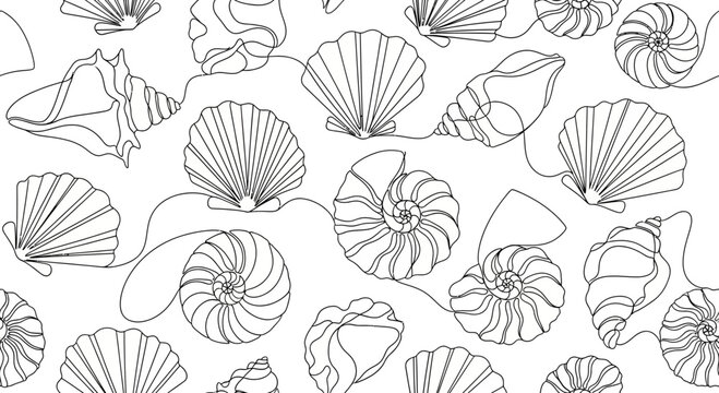 Continuous Line Drawing of Assorted Seashells Pattern, Minimalist, White Background
