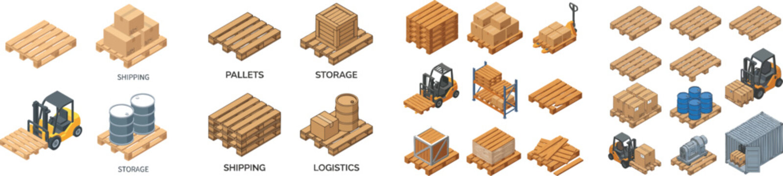 Wooden Pallet Icon Set Collection. Isometric View for Industrial Storage and Shipping Logistics. Isolated on white
