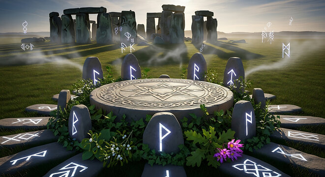 Ancient Stone Circle with Runes and Mystical Symbols