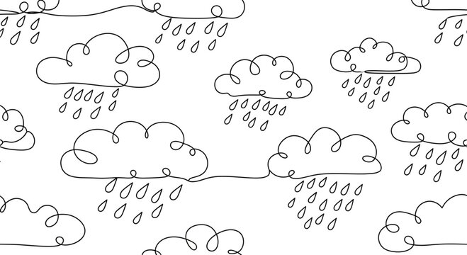 Hand-drawn clouds and rain pattern, simple doodle seamless background
