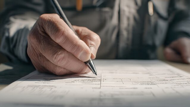 Close‑up of a contractor&rsquo;s hand on a detailed contractor estimate form held on a clipboard in a bright modern kitchen, 4K ultra‑realistic