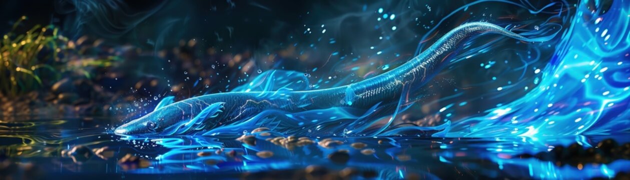 An electric eel swims through a crystalclear river, leaving a trail of vibrant blue electricity in its wake power car