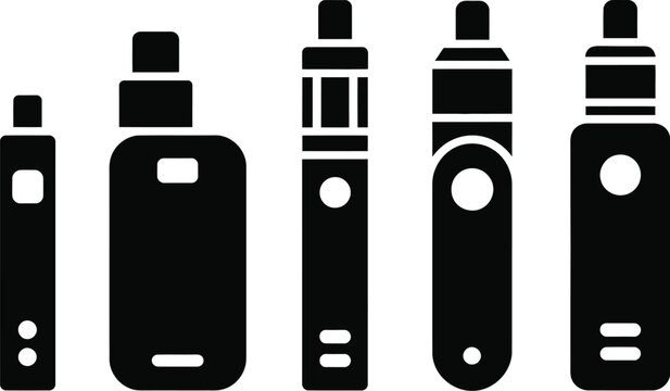 Electronic cigarette icon set, black glyph icons featuring vape devices pod systems and vaporizer symbols for alternative smoking concept and vector illustration.