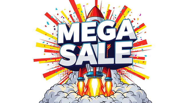 Cartoon rocket launching with "mega sale" text, colorful explosion