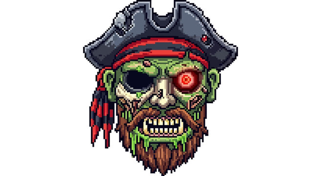 Scary Zombie Pirate Head with Red Eye and Tricorn Hat.