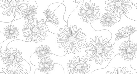 Obraz premium Seamless Floral Pattern, Outline Daisy Flowers on White Background, Vector Art