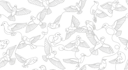 Fototapeta premium Seamless Pattern: Elegant Line Art Doves Flying and Perching