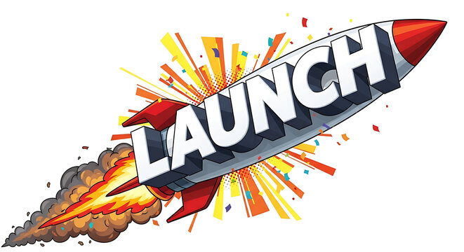 Cartoon rocket with "launch" text, blasting off with colorful explosion blast off