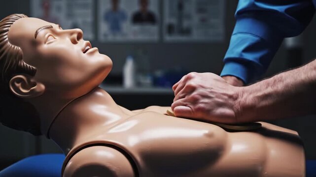 Person performing chest compressions on CPR mannequin.