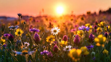 Naklejka premium Wildflower meadow glowing at sunset