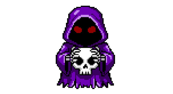 Pixel Art Grim Reaper Holding Skull Character.
