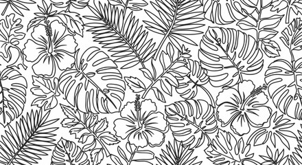 Obraz premium Tropical Leaves and Hibiscus Flowers Outline Pattern - Black and White Botanical Illustration