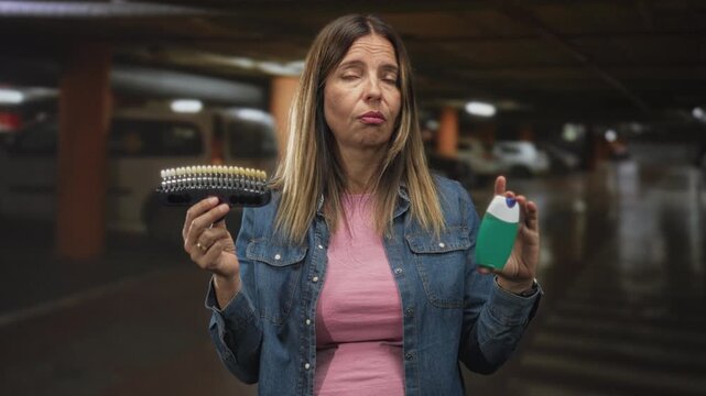 Woman holding toothpaste bottle and tooth shade guide in hands inside building; product comparison doubt.
