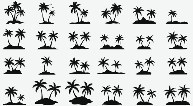 A collection of black silhouettes of palm trees on small islands isolated on white background, Vector