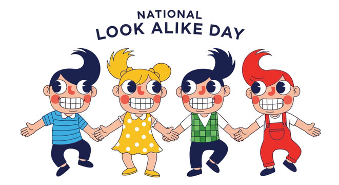Illustrations celebrating National Look Alike Day feature four cartoon children with similar appearances, holding hands against a clean white background, emphasizing the doppelganger