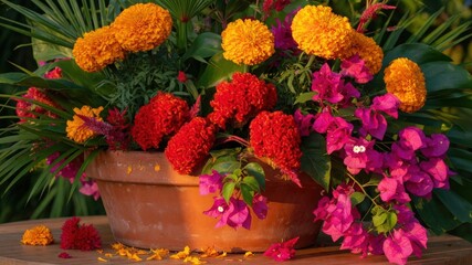 Naklejka premium Colorful garden planter with marigolds and bougainvillea