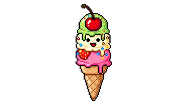 Pixel Art Ice Cream Cone with Cherry and Sprinkles.