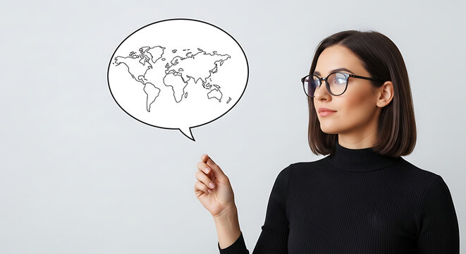 Woman with glasses holding a speech bubble with a world map, thinking globally, isolated on a light gray background with a thoughtful expression.