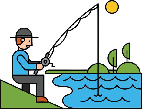 Fisherman on riverbank with rod, sunny day, nature scene, flat illustration
