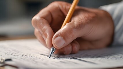 Naklejka premium Close‑up of a contractor’s hand using a pencil on an estimate form clipped to a clipboard in a bright modern kitchen, 4K ultra‑realistic