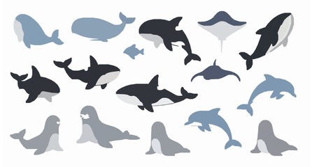 Cartoon ocean mammals vector collection whales orcas stingrays and sea animals isolated on white © MstMonalisa