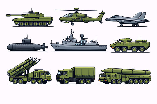 Collection of pixel art military vehicles and equipment including tanks, aircraft, ships, and missile systems.