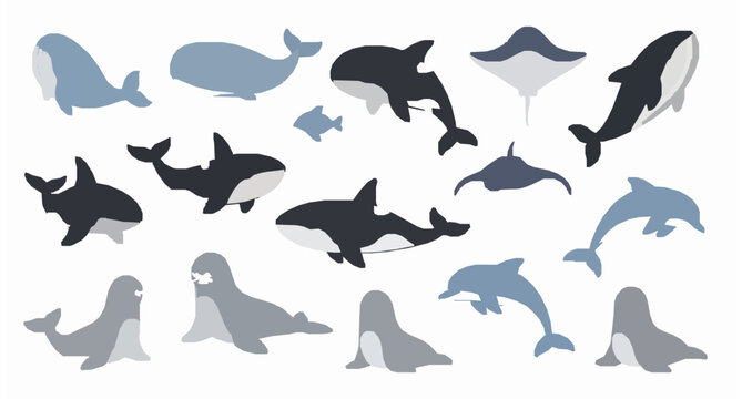 Cartoon ocean mammals vector collection whales orcas stingrays and sea animals isolated on white
