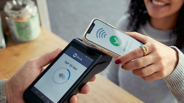 contactless payment transaction. tapping smartphone with nfc payment feature to touchscreen EDC machine to make a payment