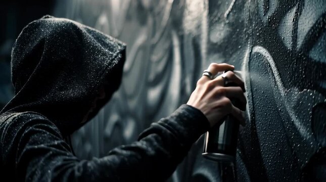 a person in a hoodie spray-painting on a wall, in a dark gray color, during daylight. the photo was taken with a canon eos r5,