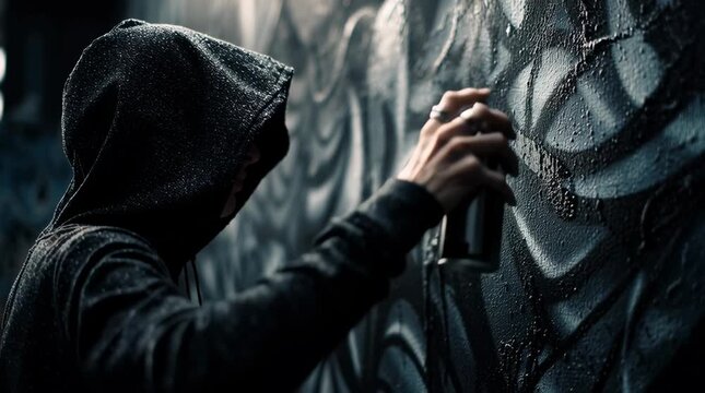 a person in a hoodie spray-painting on a wall, in a dark gray color, during daylight. the photo was taken with a canon eos r5,