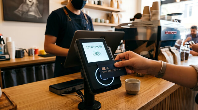 contactless payment transaction. tapping credit card with contactless feature logo to nfc payment receiver machine