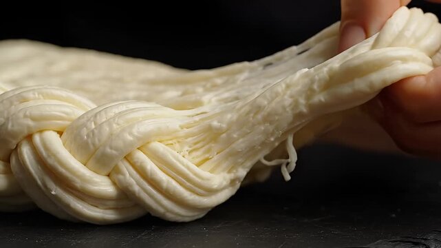 Closeup of hands braiding string cheese highlighting its texture and elasticity.