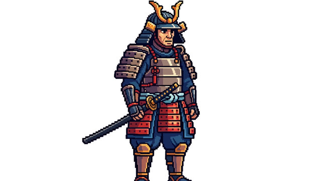 Pixel Art Samurai Warrior in Traditional Armor.