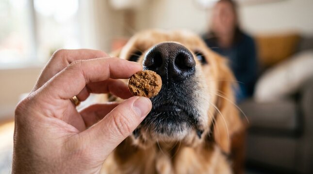 Close-up of Golden Retriever dog sniffing a small treat held by a human hand