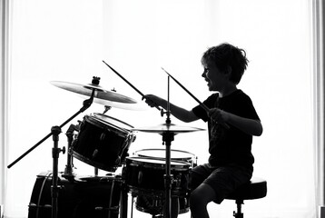 Fototapeta premium Silhouette of a joyful young boy playing drums against bright light