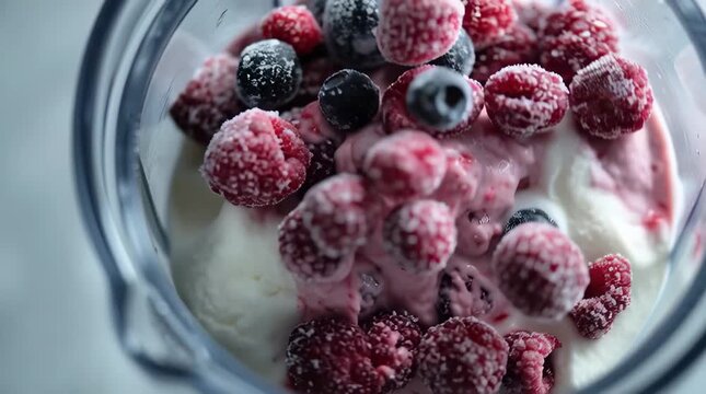 Healthy organic raspberry and blackberry smoothie bowl topped with fresh red berries and cream for a sweet breakfast diet dessert isolated on white
