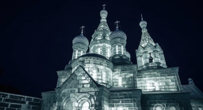 Ancient Russian Orthodox Church Facade at Night Illuminated Stone Architecture